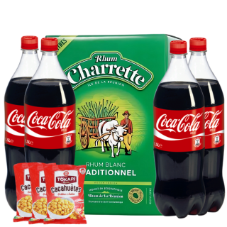 RHUM CHARRETTE CUBI 3L 49˚ & (4) QUATRE COCA COLA 1,5L & (3) TROIS CACACHUETES