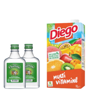 MINI PACK (2) DEUX MINI RHUM CHARRETTE 40° 0.20L & DIEGO MULTIVITAMINE 1L